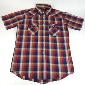 High Noon Western‎ Shirt Mens Medium Red White Blue Plaid Pearl Snap Cowboy